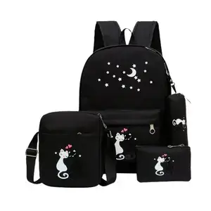 4Pcs Cute Cat Prints Canvas Primary School Bag